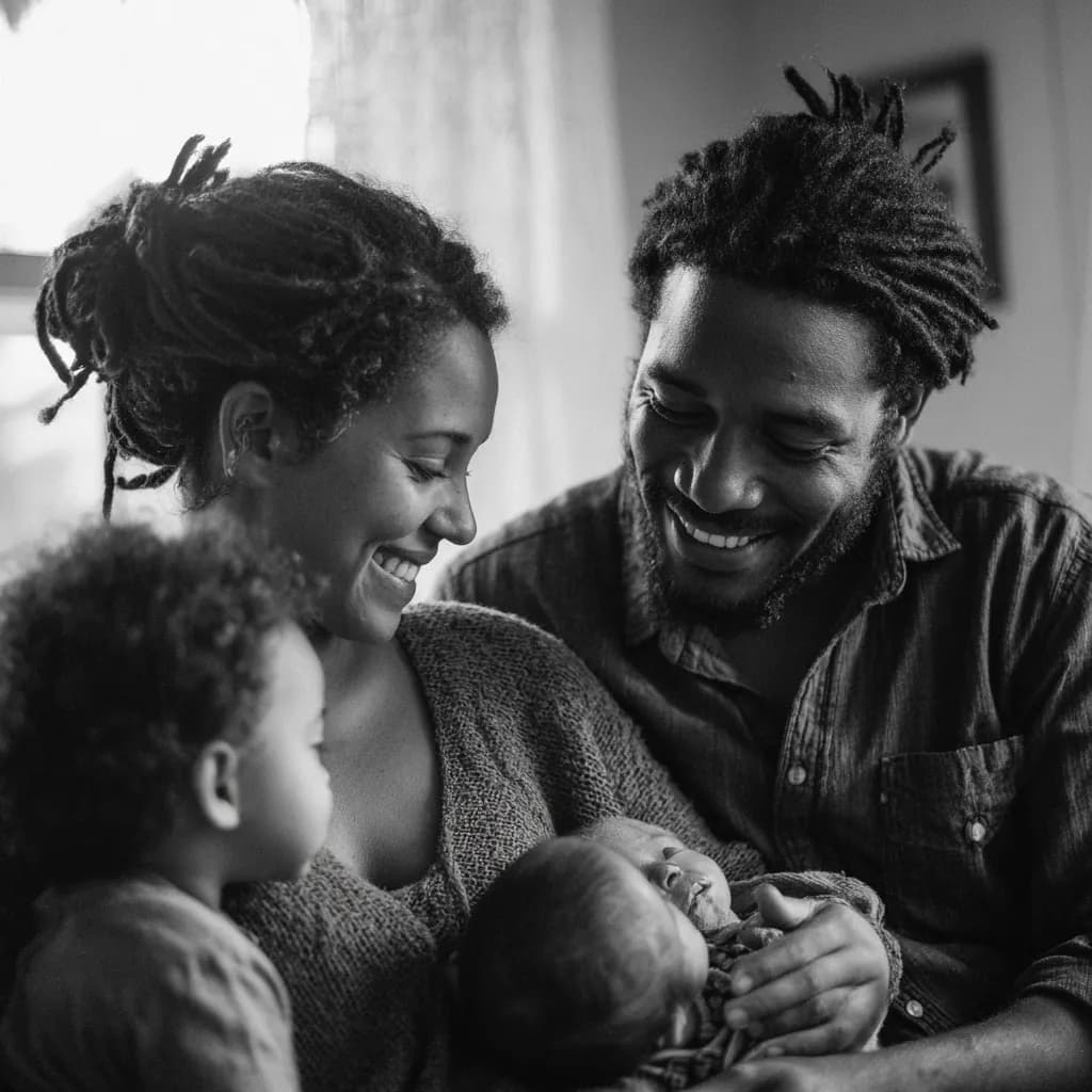 Family laughing together with their newborn
