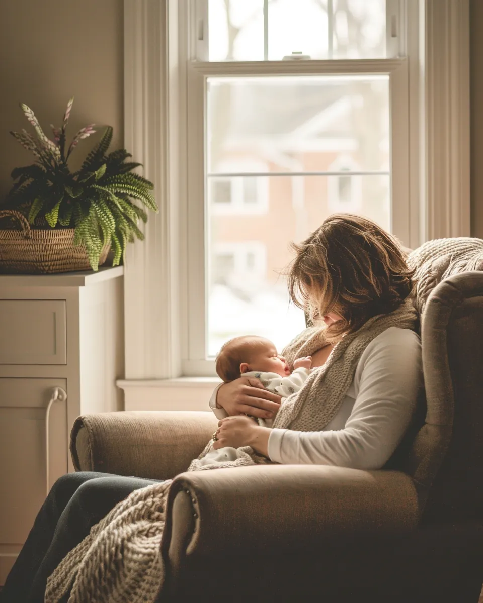 A parent nursing a newborn by a window