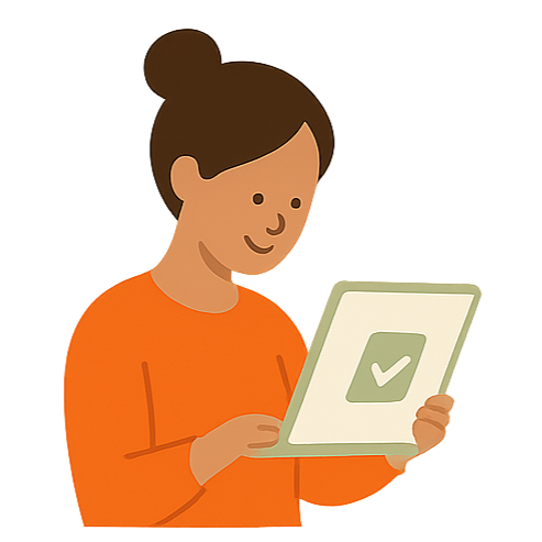 Flat illustration of a mother holding a baby while selecting a plan on a tablet.