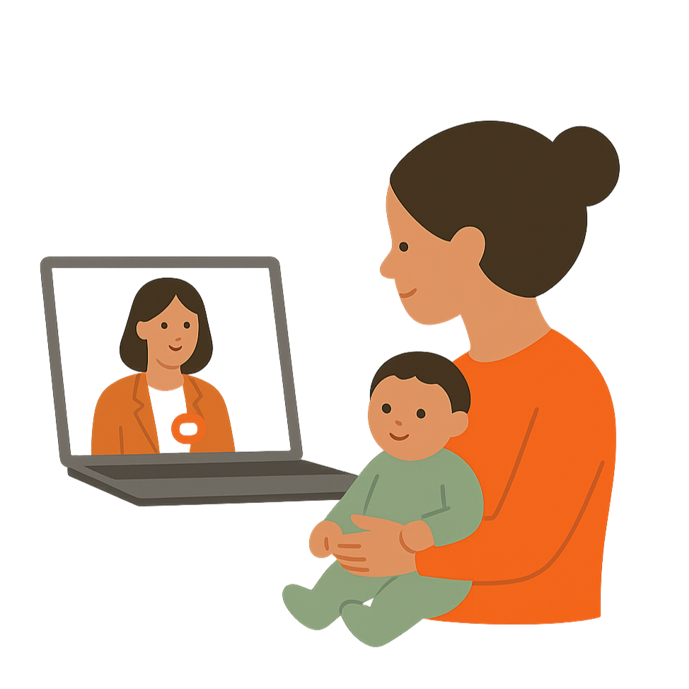 Flat illustration of a mother holding a baby while on a video call with a professional displayed on a laptop screen.