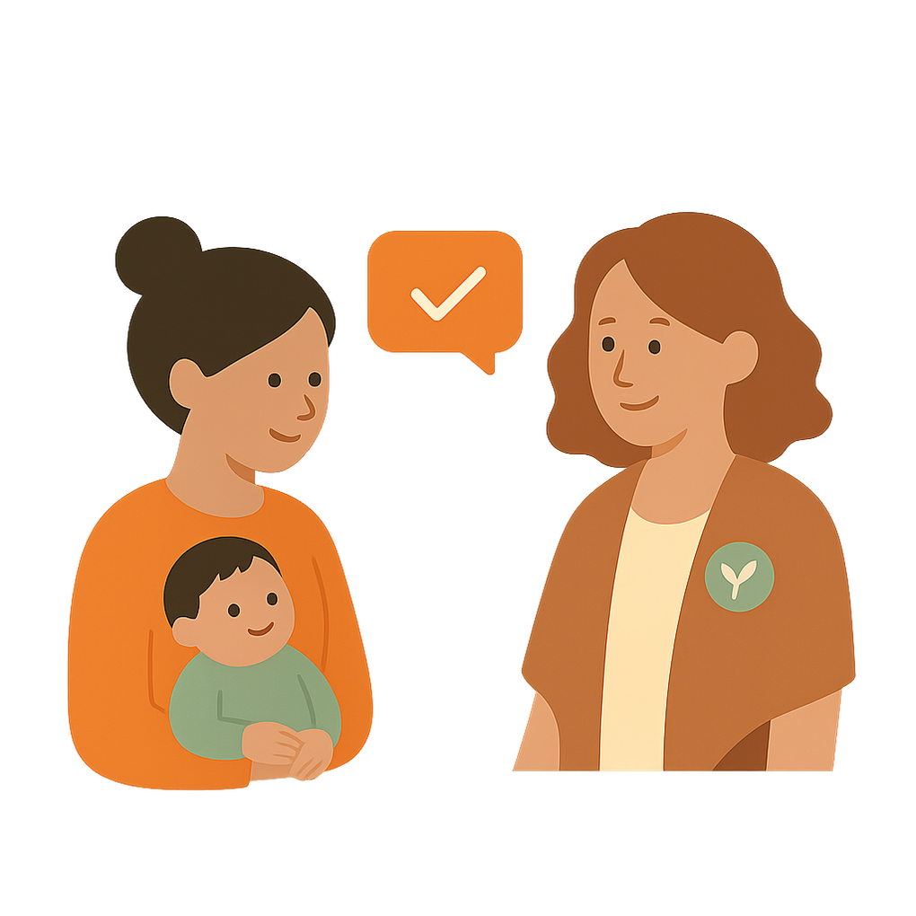 Flat illustration of a mother holding a baby being paired with a doula, shown with a checkmark above.