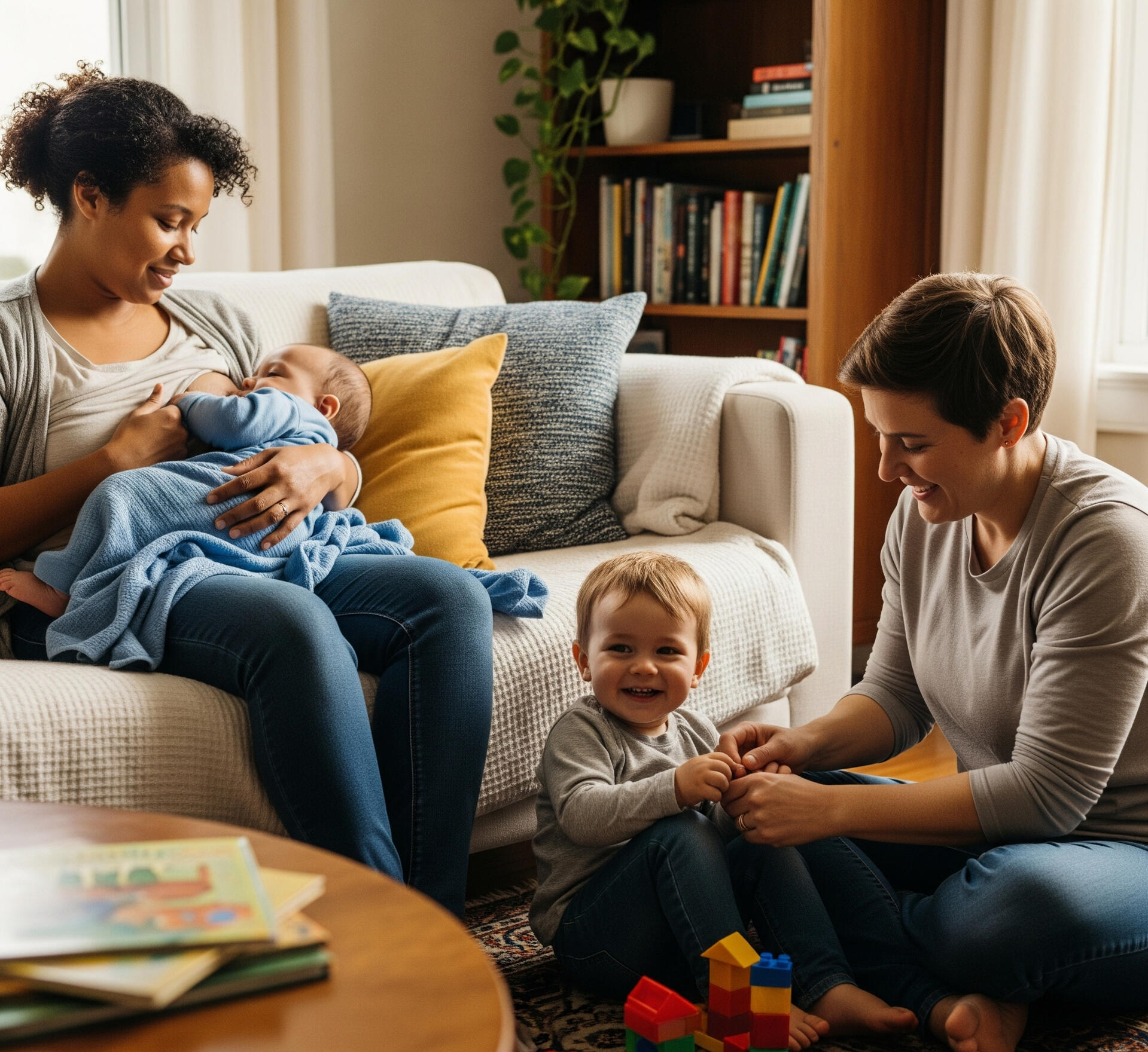 Two parents at home with their children — one holding a baby, the other playing with a toddler on the floor.