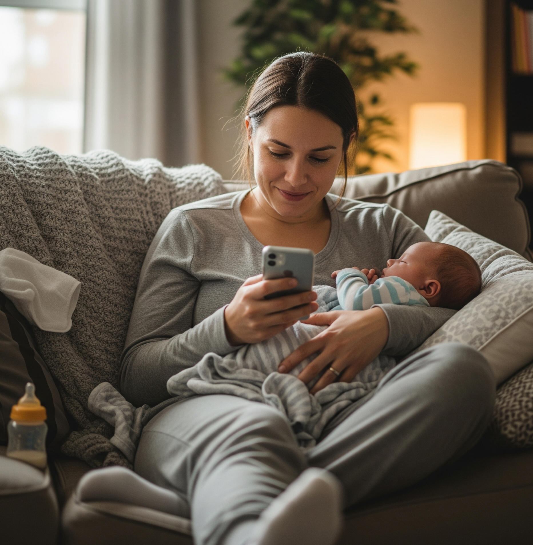 Mother reclining on a couch, holding her baby while looking at her phone.