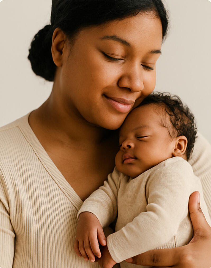 Smiling mother in a cream sweater holding her baby close against her chest.