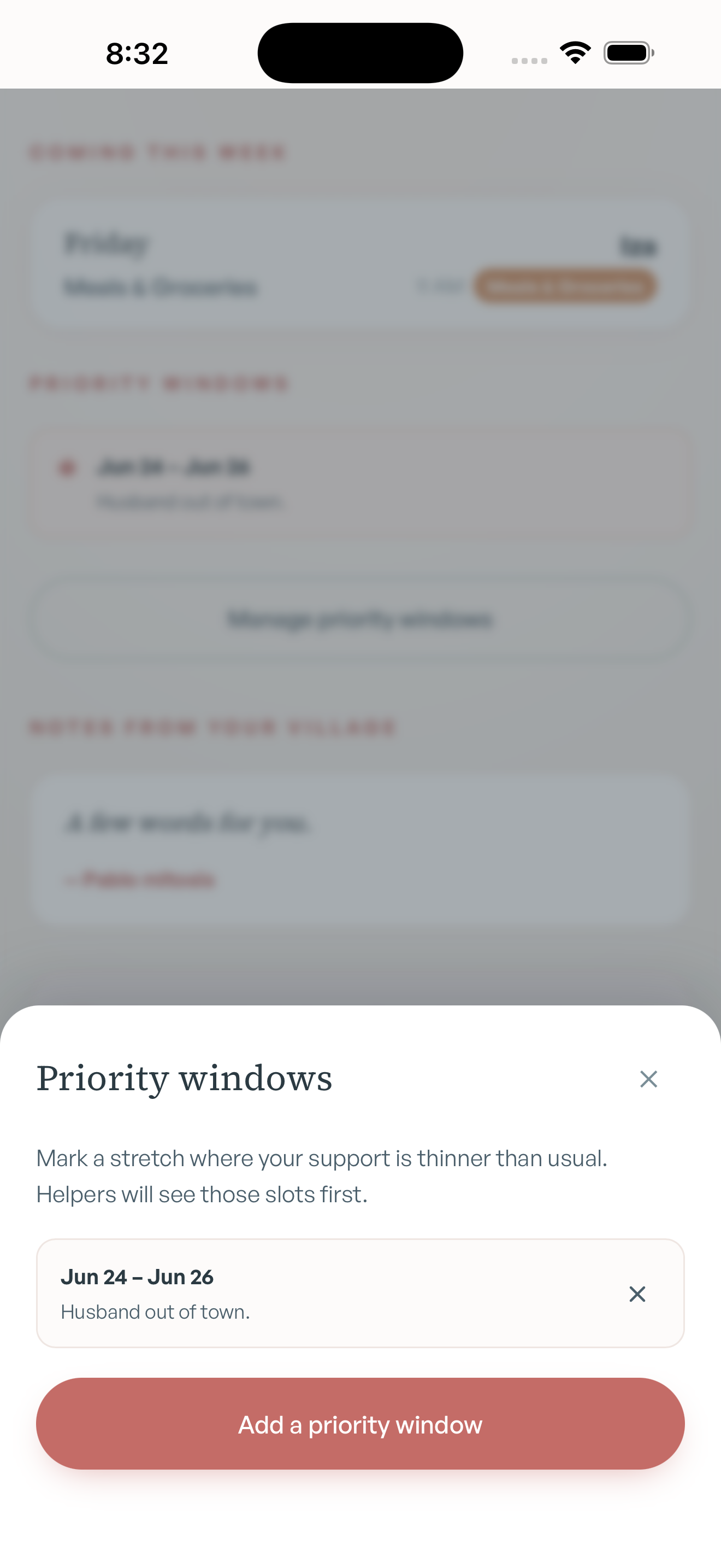Grove app priority windows screen for marking thinner support periods.