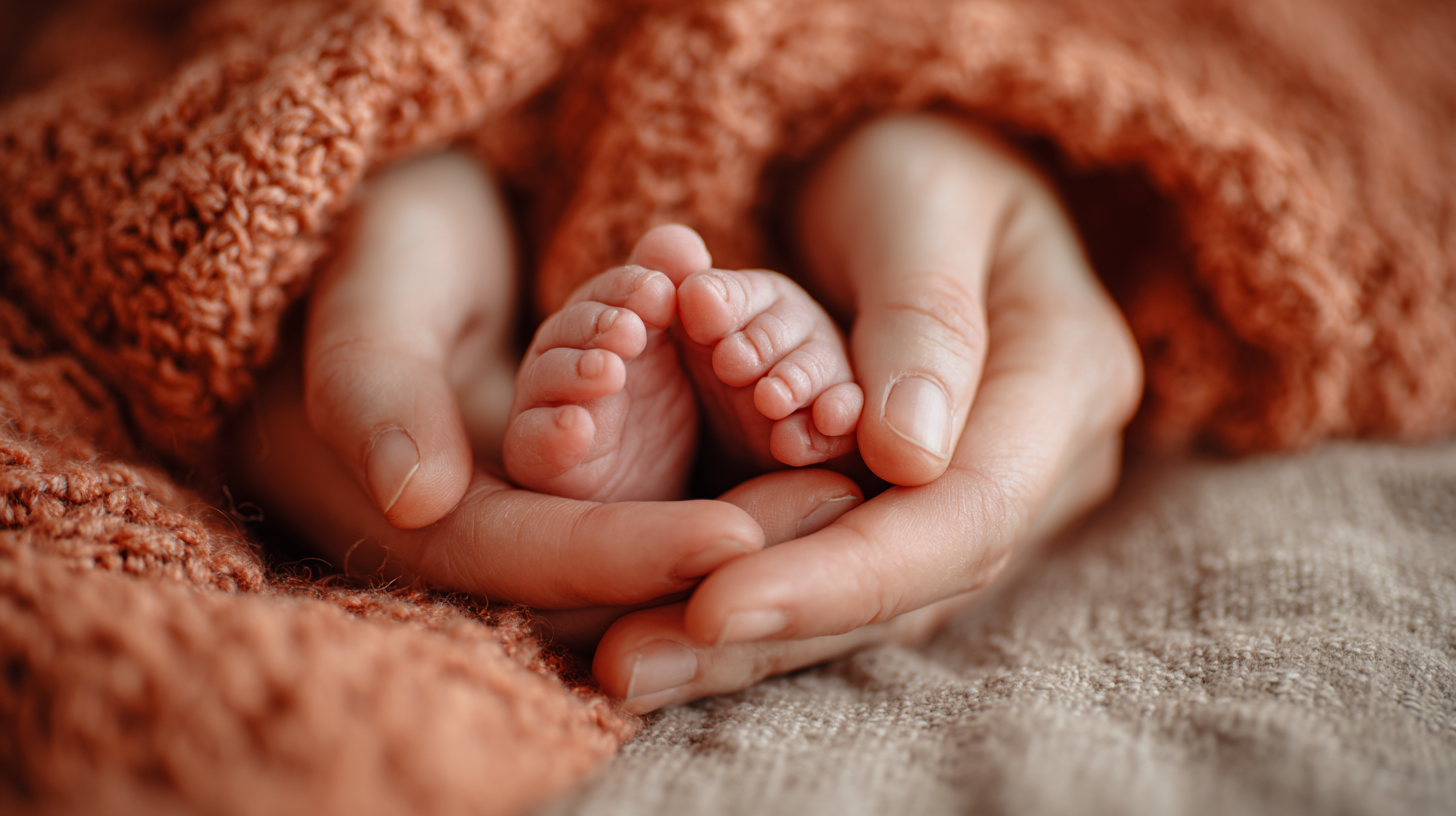 Parent gently holding baby's feet and hands in a tender moment