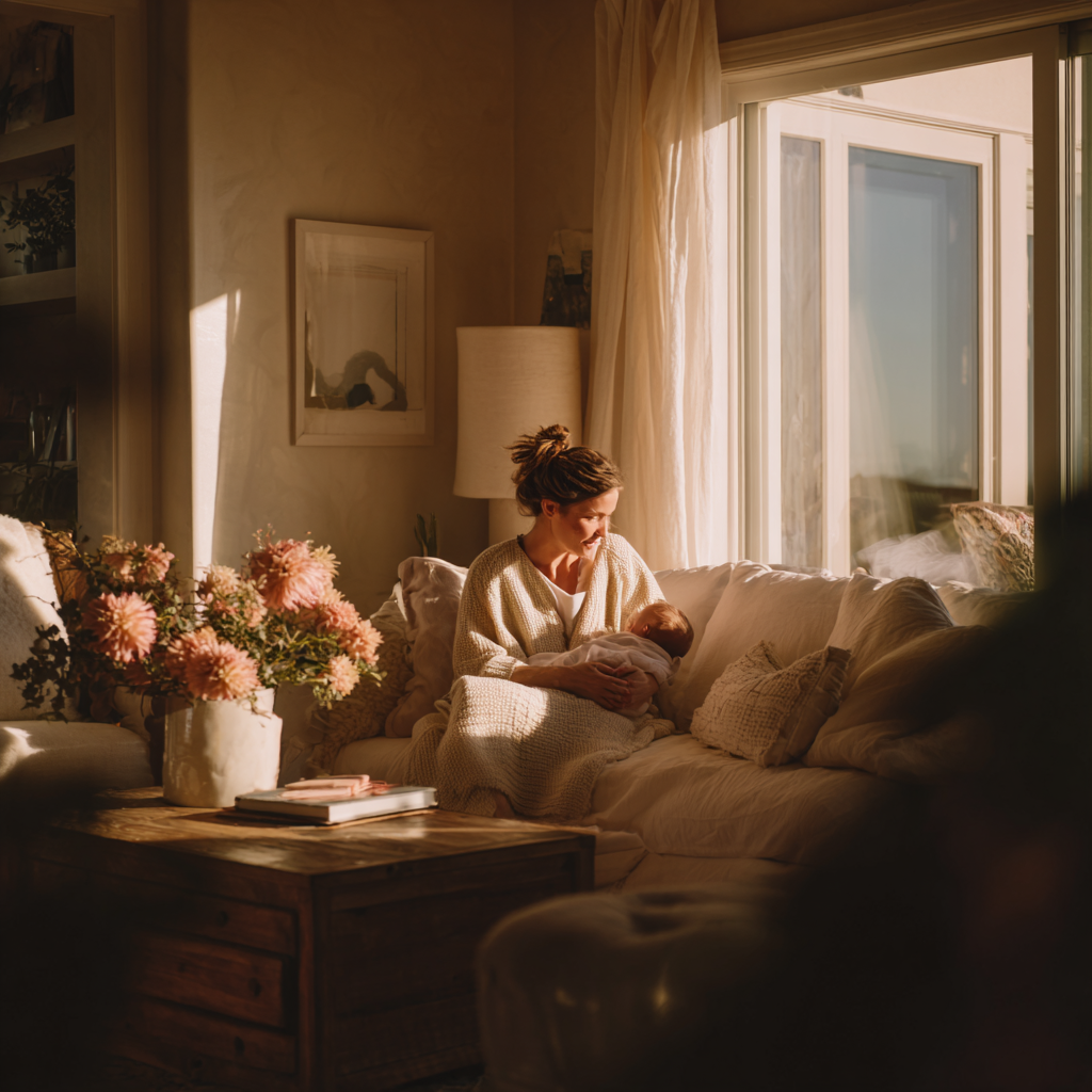 Mother holding her baby and looking out a window, representing postpartum recovery.