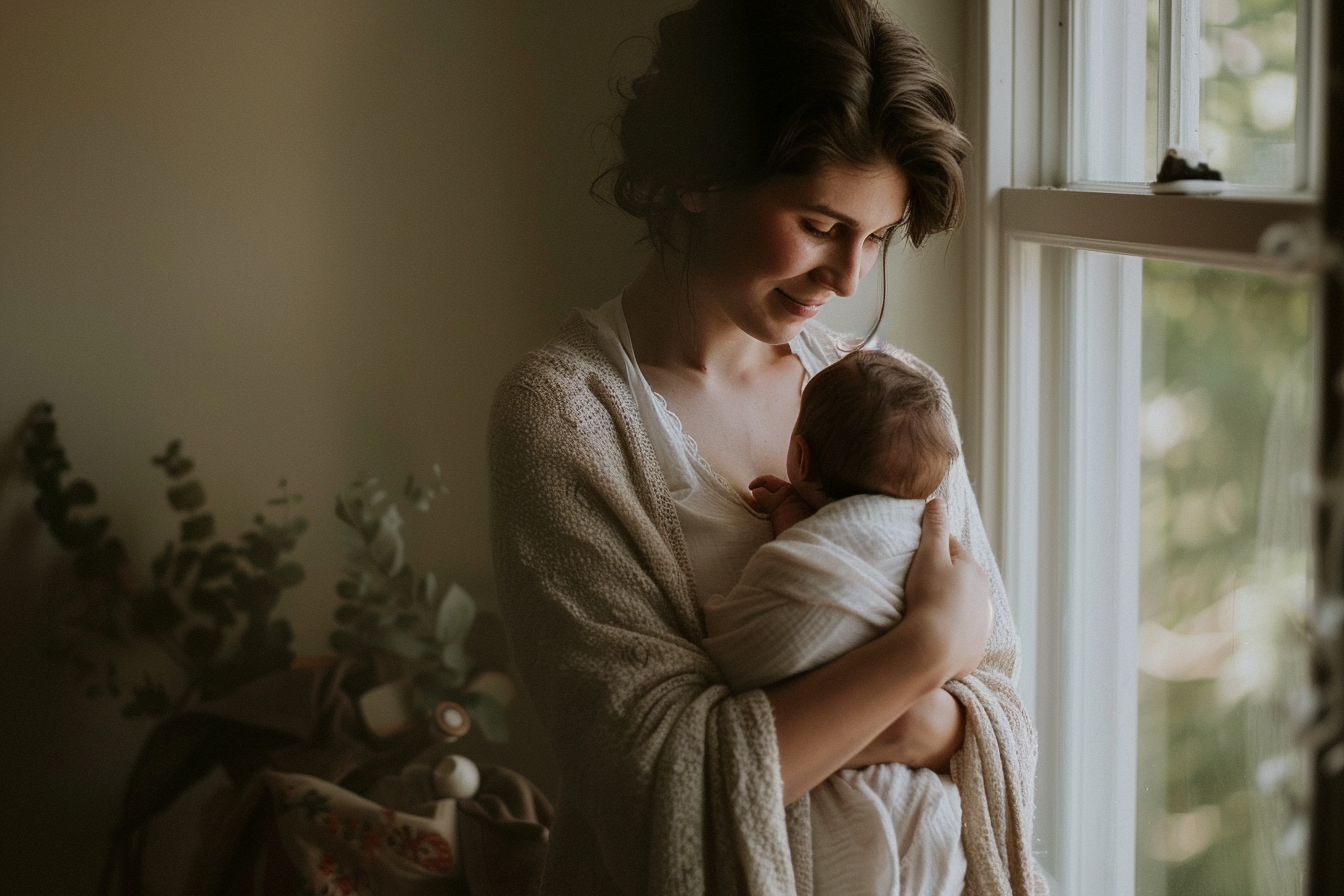 Mother breastfeeding baby with support